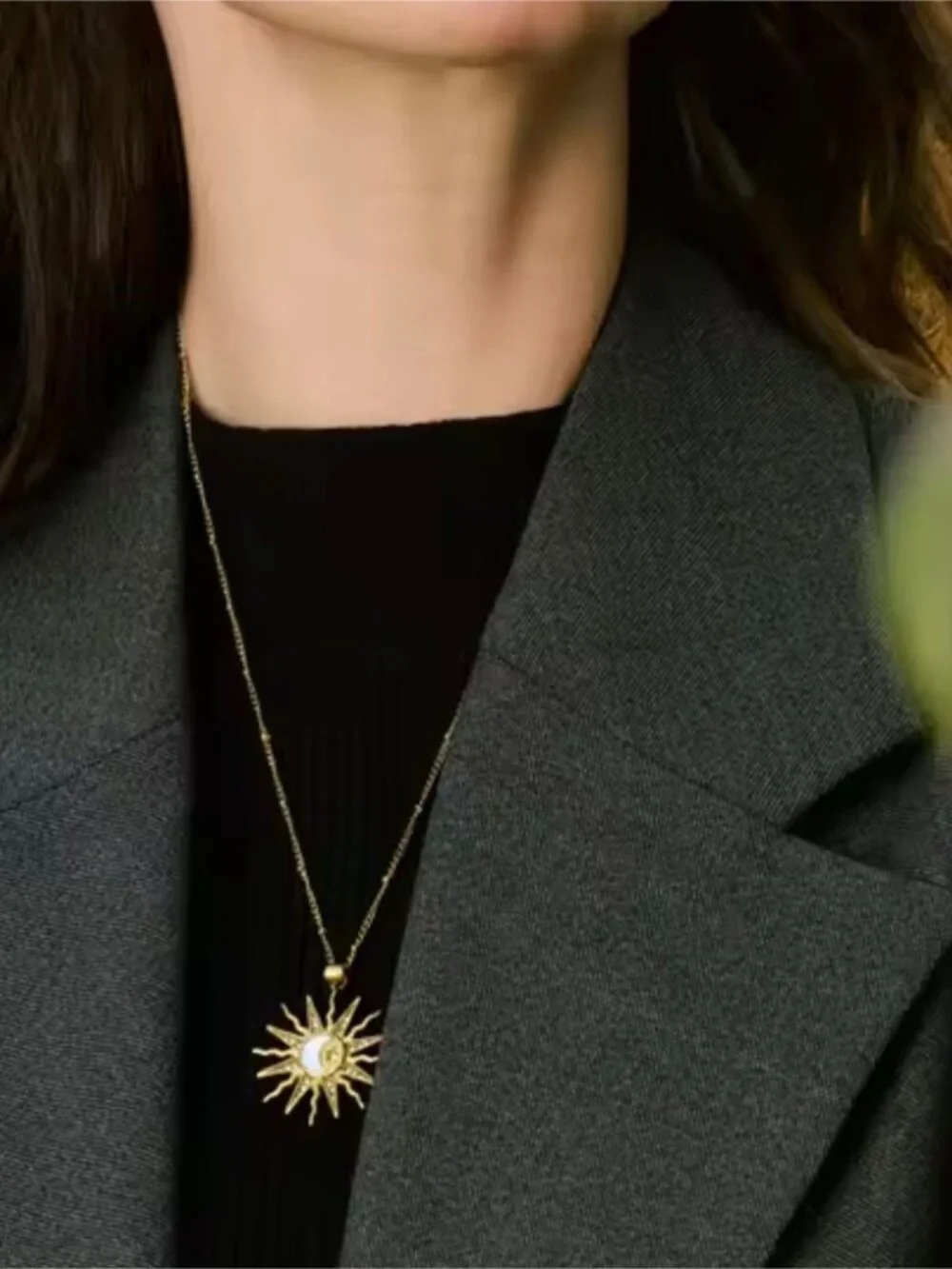 Gold Tone Sun & Crescent Moon Pendant Necklace